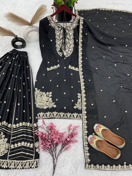  Pure Chinnon With Heavy Embroidery Sequence Work Plazzo Suits  Ready To Wear Collection