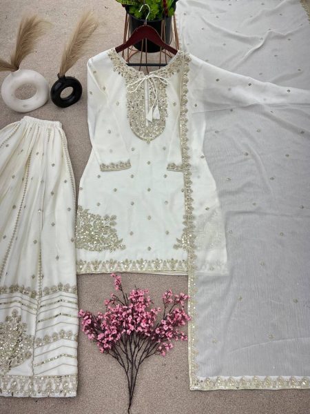  Pure Chinnon With Heavy Embroidery Sequence Work Plazzo Suits  Ready To Wear Collection