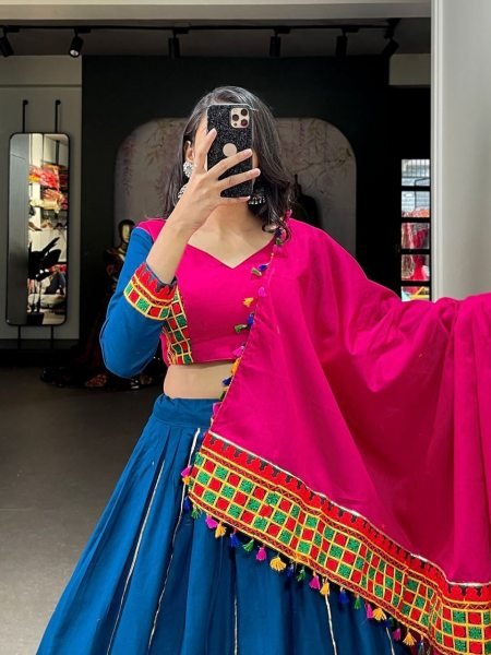 Pure Cotton  Plain With Gamthi Work Lehenga Choli Navratri Lehnega Choli