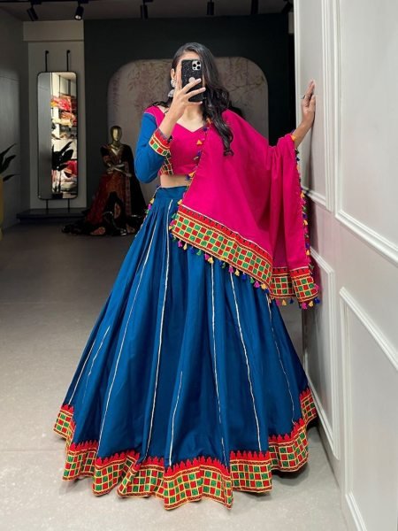 Pure Cotton  Plain With Gamthi Work Lehenga Choli Navratri Lehnega Choli