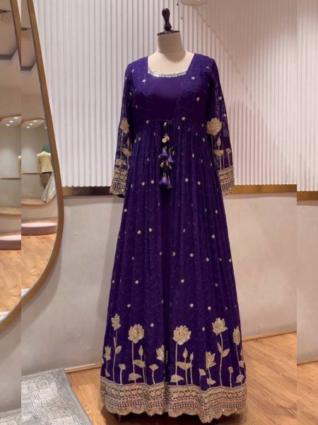 Pure Chinon Silk With Heavy Embroidery Gown With Cotty  Ready To Wear Suit