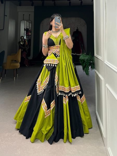 Pure Cotton Plain With Gamthi Work Lehenga Choli  Navratri Lehnega Choli