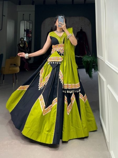 Pure Cotton Plain With Gamthi Work Lehenga Choli  Navratri Lehnega Choli
