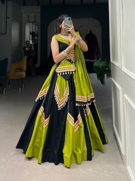 Pure Cotton Plain With Gamthi Work Lehenga Choli  Navratri Lehnega Choli