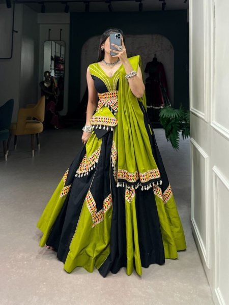 Pure Cotton Plain With Gamthi Work Lehenga Choli  Navratri Lehnega Choli