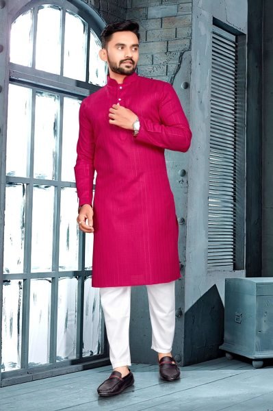 Pure Cotton Slub Strip Fancy Fabric With Silver Weaving lining Mens Kurta Payjma Kurta Pajama Wholesale