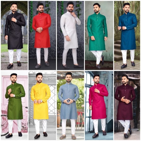 Pure Cotton Slub Strip Fancy Fabric With Silver Weaving lining Mens Kurta Payjma Kurta Pajama Wholesale