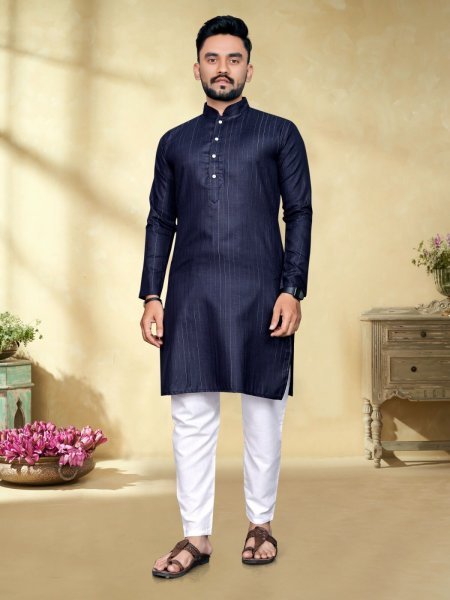 Pure Cotton Slub Strip Fancy Fabric With Silver Weaving lining Mens Kurta Payjma Kurta Pajama Wholesale