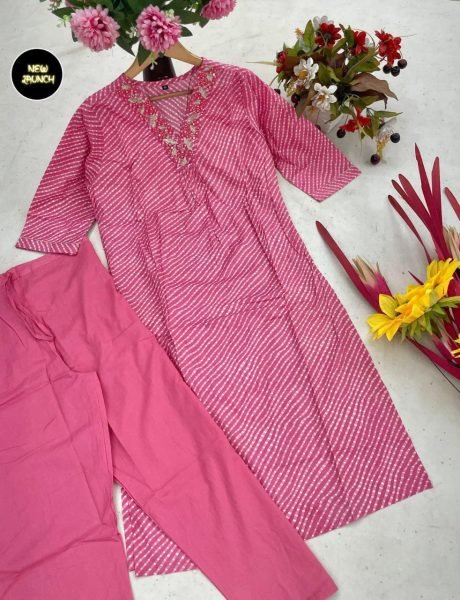 Pure Cotton Stylish Lehriya Printed Embroidery Kurta Set Cotton Kurtis Wholesale