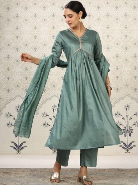 Pure Cotton With Embroidery With Sequin Work Pattern 3 PC Set  3 Piece Kurti Set