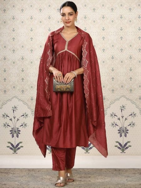 Pure Cotton With Embroidery With Sequin Work Pattern 3 PC Set  3 Piece Kurti Set