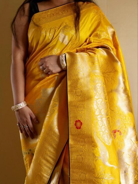 Pure Dola Pattu Silk Saree with Minakari Weaving Border & Contrast Blouse South Indian Saree 