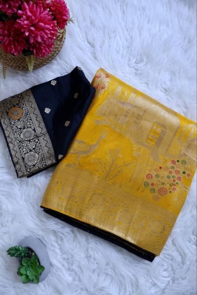 Pure Dola Pattu Silk Saree with Minakari Weaving Border & Contrast Blouse South Indian Saree 