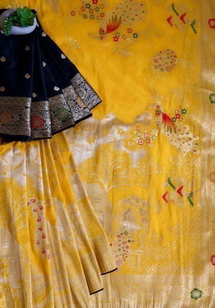 Pure Dola Pattu Silk Saree with Minakari Weaving Border & Contrast Blouse South Indian Saree 