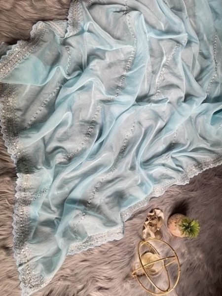 Pure Heavy Tabby Orgenza With Silver Sequnce Thread Work Saree Organza Sarees Wholesale