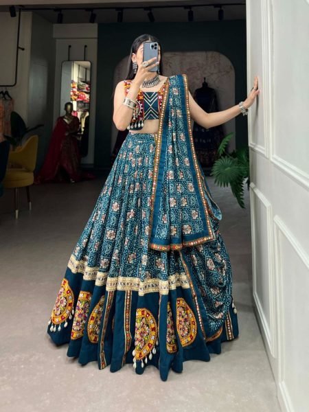Pure Rayon Printed Gamthi Patch Work Lehenga Choli  Navratri Lehnega Choli