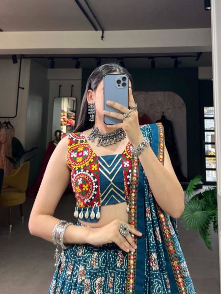 Pure Rayon Printed Gamthi Patch Work Lehenga Choli  Navratri Lehnega Choli