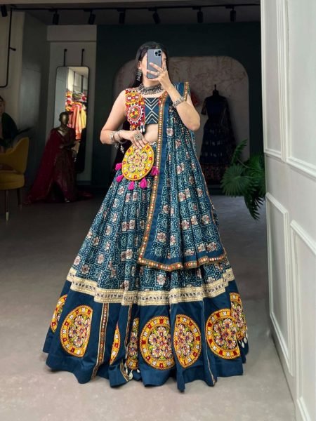 Pure Rayon Printed Gamthi Patch Work Lehenga Choli  Navratri Lehnega Choli