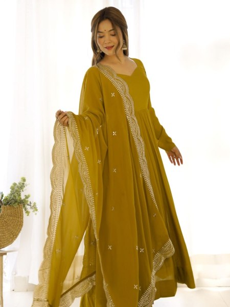 Pure Roman silk Chanderi Fabric Fully Flared Anarkali, with Dupatta Set and Pants, Ready to Wear Kurtis