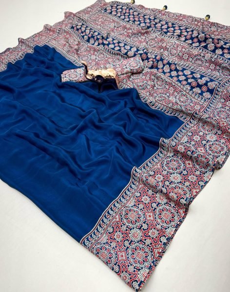 Pure Satin Ajrak Saree Stunning Rich Pallu with Heavy Tassels Ready Stock Printed Cotton Sarees Wholesale