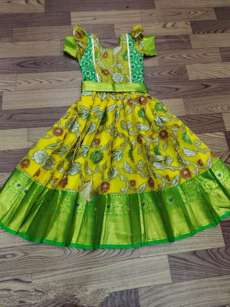 pure  silk febric with  kalamkari kanjivaram  Kids Lehenga Girls Wear
