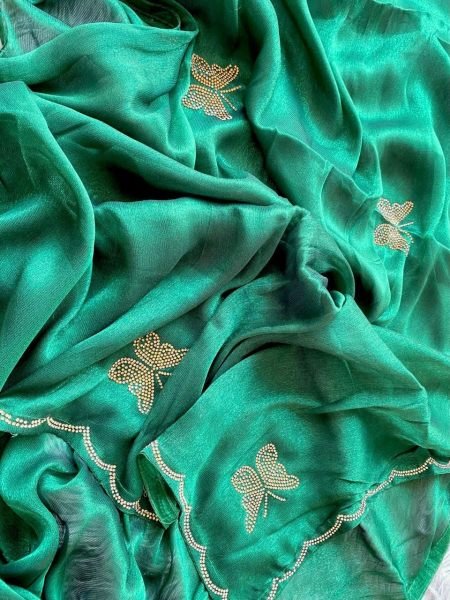 Pure Soft ShimmAr Chiffone With Jarkan Diamond And lace Border Saree Pure Chiffon Sarees Wholesale