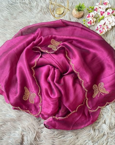Pure Soft ShimmAr Chiffone With Jarkan Diamond And lace Border Saree Pure Chiffon Sarees Wholesale