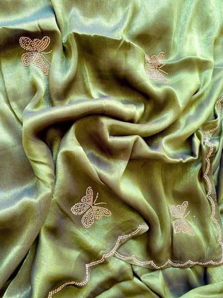 Pure Soft ShimmAr Chiffone With Jarkan Diamond And lace Border Saree Pure Chiffon Sarees Wholesale