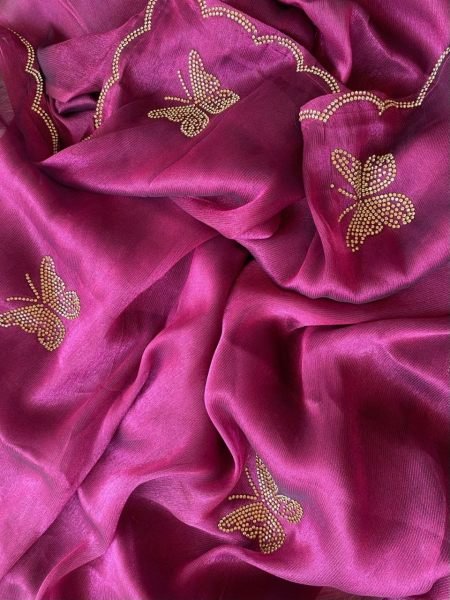 Pure Soft ShimmAr Chiffone With Jarkan Diamond And lace Border Saree Pure Chiffon Sarees Wholesale