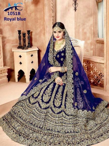 Pure Velvet Royal Blue Color With Embroidery Work Bridal Lehenga Choli  