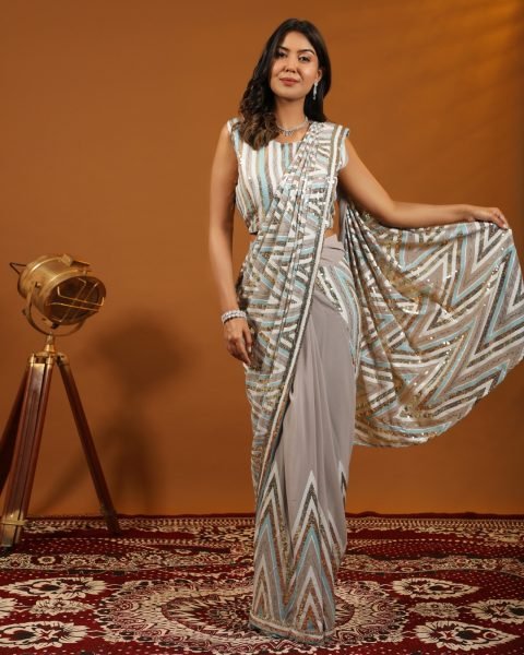 PURE VISCOSE GEORGETTE FABRIC  MULTI SEQUIN EMBROIDERY WORK READY TO WEAR SAREE Ready To Wear Saree 