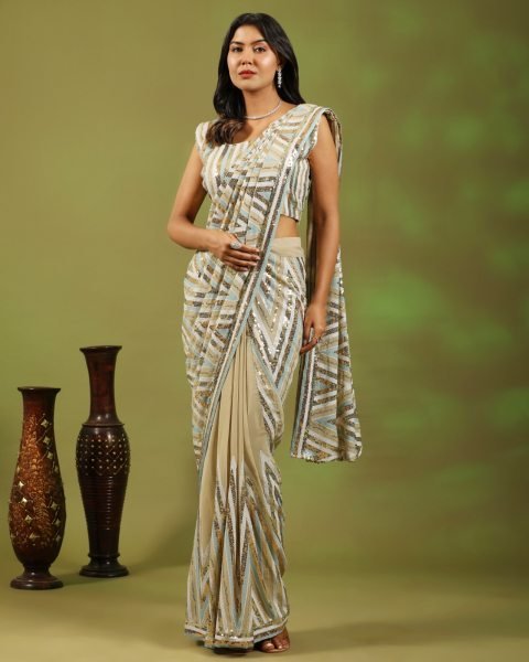 PURE VISCOSE GEORGETTE FABRIC  MULTI SEQUIN EMBROIDERY WORK READY TO WEAR SAREE Ready To Wear Saree 