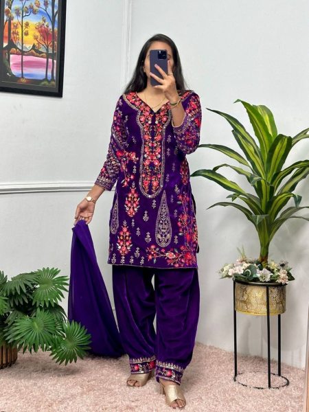 Purple Color 9000 Velvet Embroidery Work Patiyala 3-Piece Kurti Set Ready To Wear Suit