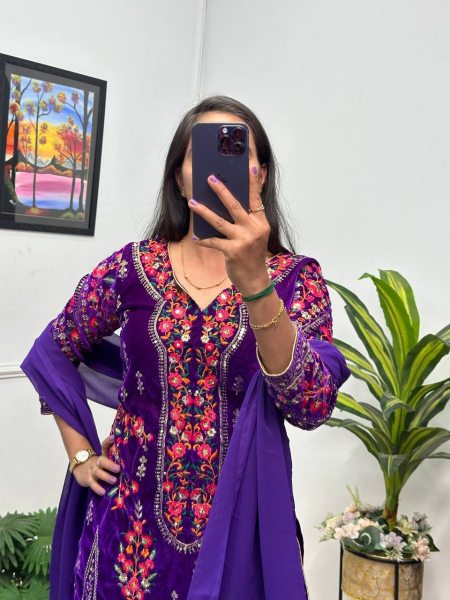 Purple Color 9000 Velvet Embroidery Work Patiyala 3-Piece Kurti Set Ready To Wear Collection