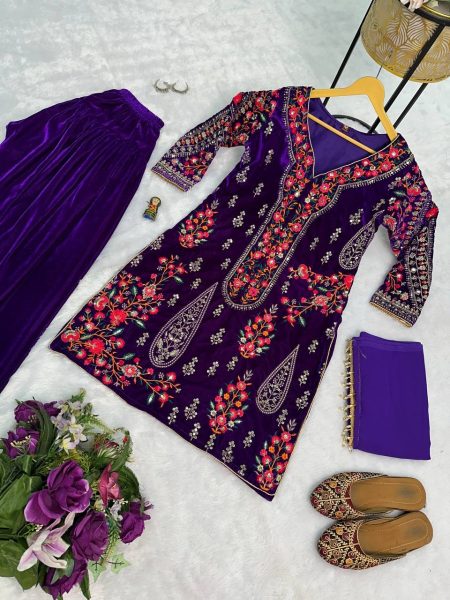 Purple Color 9000 Velvet Embroidery Work Patiyala 3-Piece Kurti Set Ready To Wear Collection