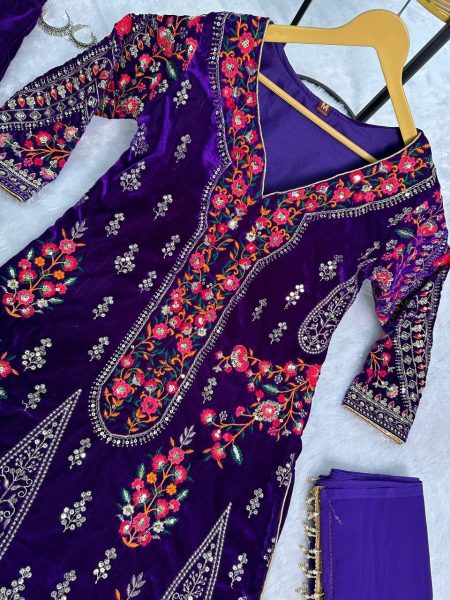 Purple Color 9000 Velvet Embroidery Work Patiyala 3-Piece Kurti Set Ready To Wear Collection