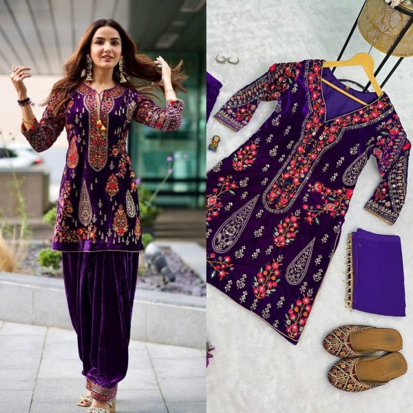 Purple Color 9000 Velvet Embroidery Work Patiyala 3-Piece Kurti Set Ready To Wear Collection