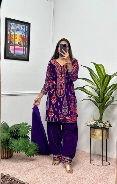 Purple Color 9000 Velvet Embroidery Work Patiyala 3-Piece Kurti Set Ready To Wear Collection