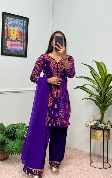 Purple Color 9000 Velvet Embroidery Work Patiyala 3-Piece Kurti Set Ready To Wear Collection