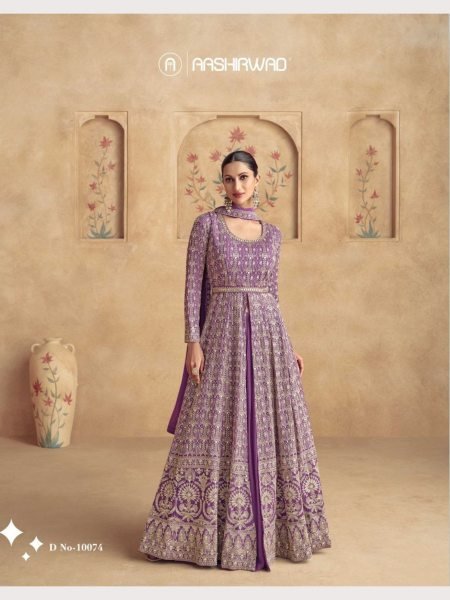 Purple Color Aashirwad Creation Real Georgette Gown With Dupatta Anarakali Gown Wholesale