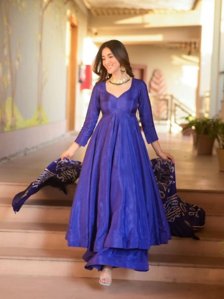 Purple Color Chinnon Silk Anarkali Kurti  With Cotton Dupatta  Kurtis