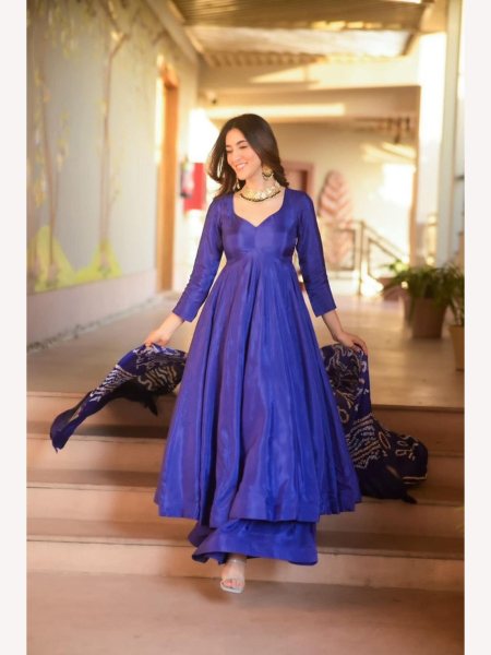 Purple Color Chinnon Silk Anarkali Kurti  With Cotton Dupatta  Anarkali Kurtis 