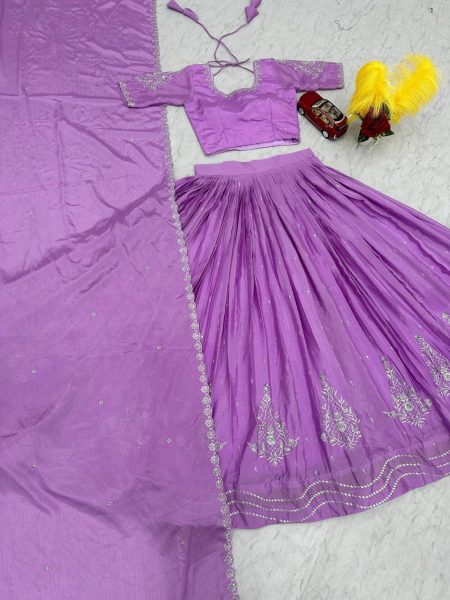 Purple Color  Chinnon Silk Lehenga Choli With Embroidery Work Designer Lehenga Choli