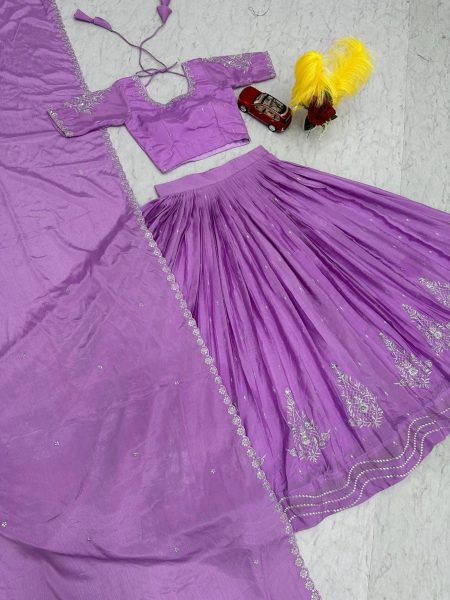 Purple Color  Chinnon Silk Lehenga Choli With Embroidery Work Designer Lehenga Choli