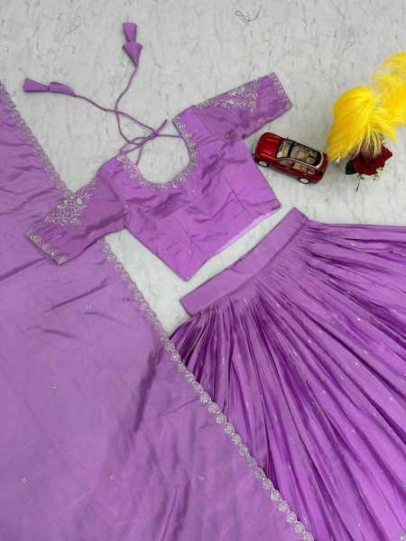 Purple Color  Chinnon Silk Lehenga Choli With Embroidery Work Designer Lehenga Choli