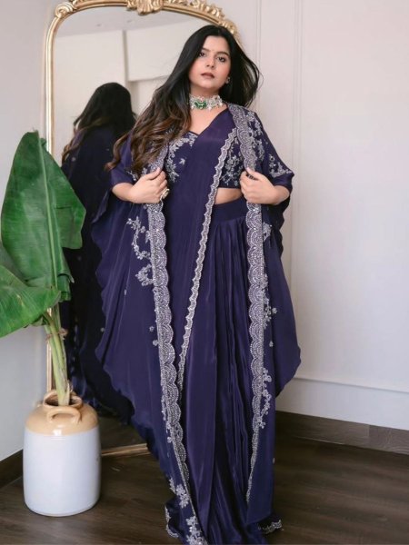 Purple Color Crape Silk Ready To Wear Saree With Koti  Ready To Wear Saree 