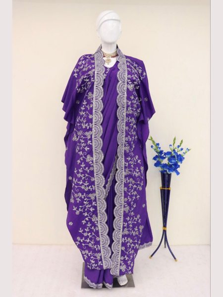 Purple Color Crape Silk Ready To Wear Saree With Koti  Ready To Wear Saree 