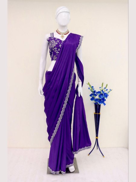 Purple Color Crape Silk Ready To Wear Saree With Koti  Ready To Wear Saree 