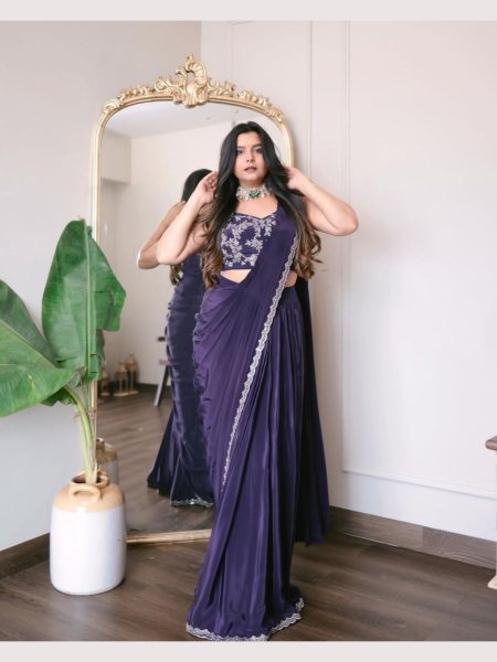 Purple Color Crape Silk Ready To Wear Saree With Koti  Ready To Wear Saree 