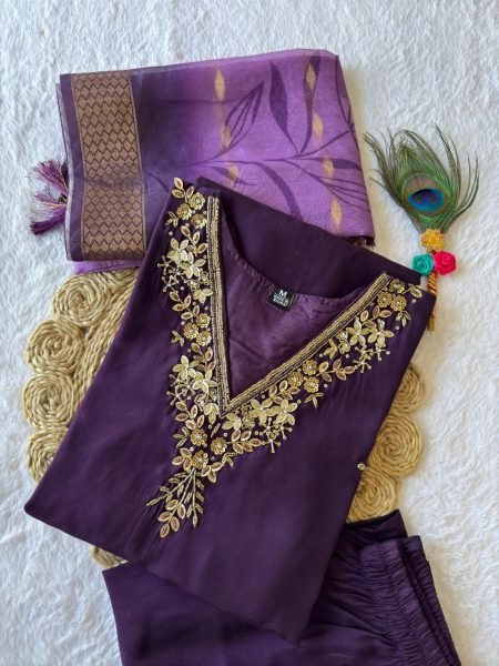 Purple color designer partywear roman silk  Handwork suit  3 Piece Kurti Set